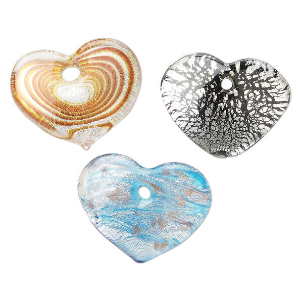 Random focal mix, lampworked glass, opaque mixed colors, 46x35mm-48x41mm wavy heart with copper-colored glitter and silver-colored foil. Sold per pkg of 3. image number 0