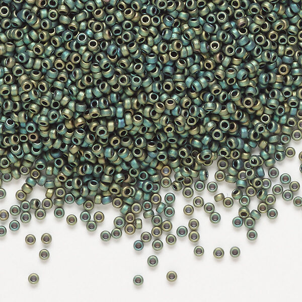Seed bead, Miyuki, glass, pkg/250g, #15 rocaille, opaque matte metallic iris green patina (RR-2067). image number 0