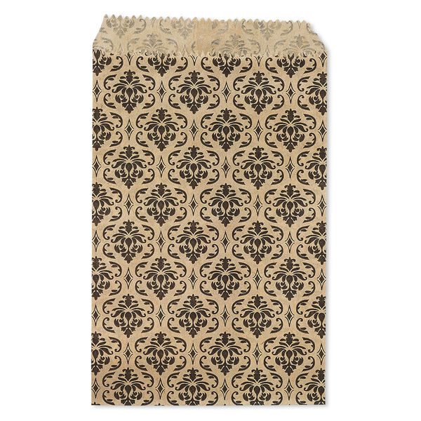 Bag, paper, brown and black, 6x4 inches with damask print and scalloped top edge. Sold per pkg of 100. image number 0