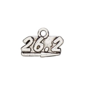 Charm, antique silver-finished "pewter" (zinc-based alloy), 19x9mm single-sided with "26.2" and arrow. Sold per pkg of 2.
