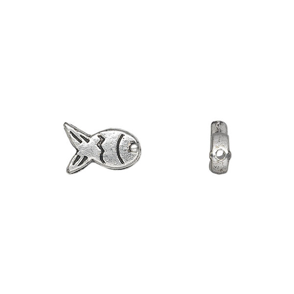 Bead, antique silver-plated "pewter" (zinc-based alloy), 11x7mm fish. Sold per pkg of 50. image number 0