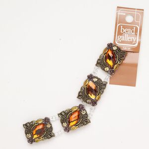 Spacer brass and glass 4pk 27x21mm 2-strand rectangle butterfly, antique gold finish and orange