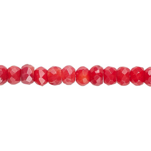 Bead, bamboo coral (dyed), red, 6x4mm hand-cut faceted rondelle, B- grade, Mohs hardness 3-1/2 to 4. Sold per 15-1/2" to 16" strand. image number 0