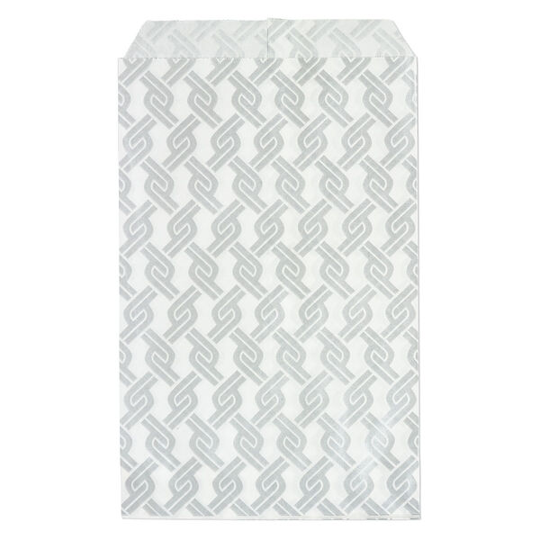 Bag, paper, white and silver, 6x4 inch rectangle with chainlink-print and scalloped top edge. Sold per pkg of 100. image number 0