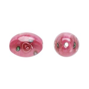 Bead, Czech lampworked glass, opaque pink and green, 15x10mm-16x11mm olive with flower design. Sold per pkg of 2.