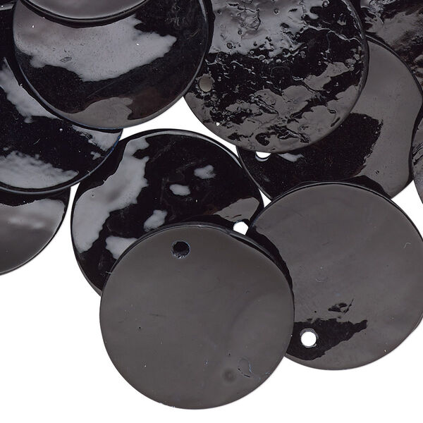 Drop, mussel shell (dyed / coated), black, 20mm flat round. Sold per pkg of 25. image number 0