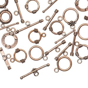 Clasp mix toggle 1pkg1 15-20x17mm round, 50 grams antiqued copper 1-strand