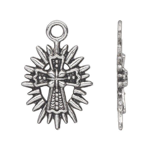 Drop, antique silver-plated "pewter" (zinc-based alloy), 26x21mm single-sided cross with sun. Sold per pkg of 10. image number 0