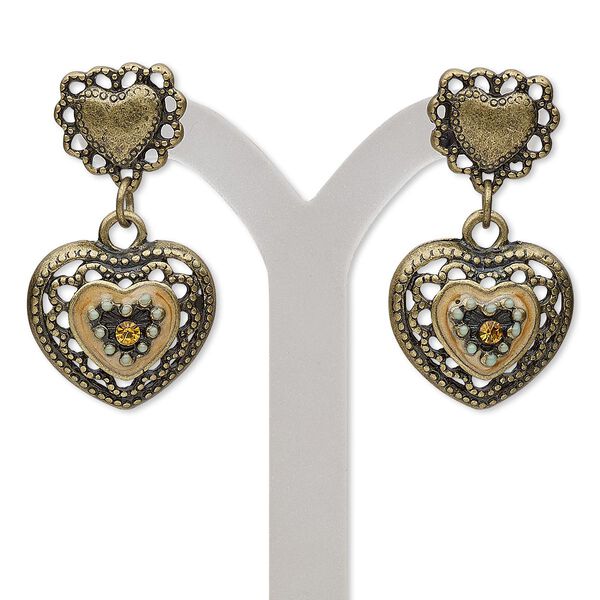 Earring, enamel / glass rhinestone / antique brass-finished steel / "pewter" (zinc-based alloy), blue and orange, 1-3/4 inches with double heart and post. Sold per pair. image number 0