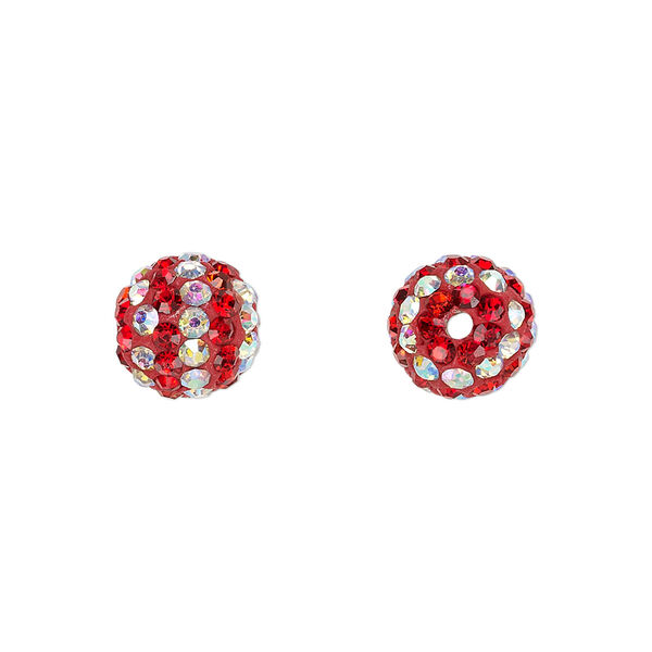 Bead, Egyptian glass rhinestone / epoxy / resin, red and clear AB, 10mm round with pavé striped design. Sold individually. image number 0