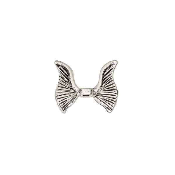 Bead, pewter (tin-based alloy), pkg/1, antique silver plate, 16x14mm textured wing, fits 5.5mm bead. image number 0