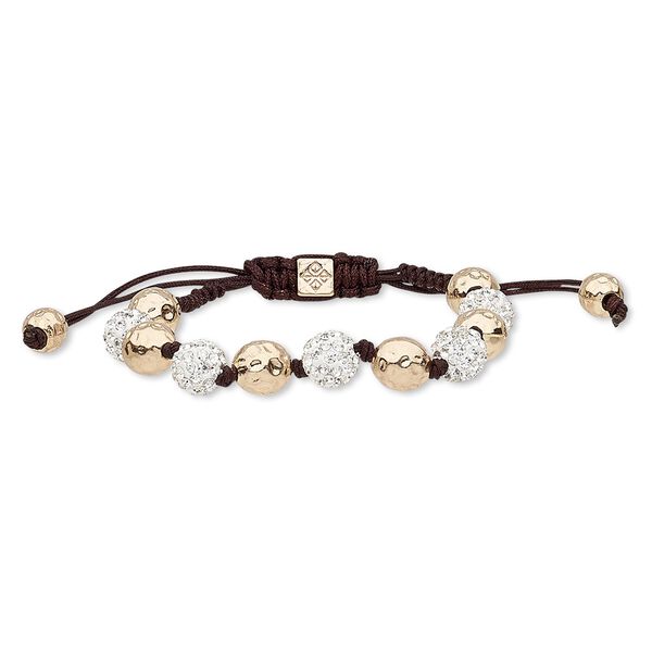 Bracelet, glass rhinestone / nylon / polymer clay / copper-plated "pewter" (zinc-based alloy), dark brown / white / clear, 10mm round and hammered round, adjustable from 6-9 inches with macramé knot closure. Sold individually. image number 0