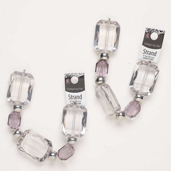 Acrylic 1pkg2, faceted rectangle / faceted barrel / rondelle 8 inch smoky / clear / silver CCB 42x32mm / 22x16.5mm / 15x10mm image number 0