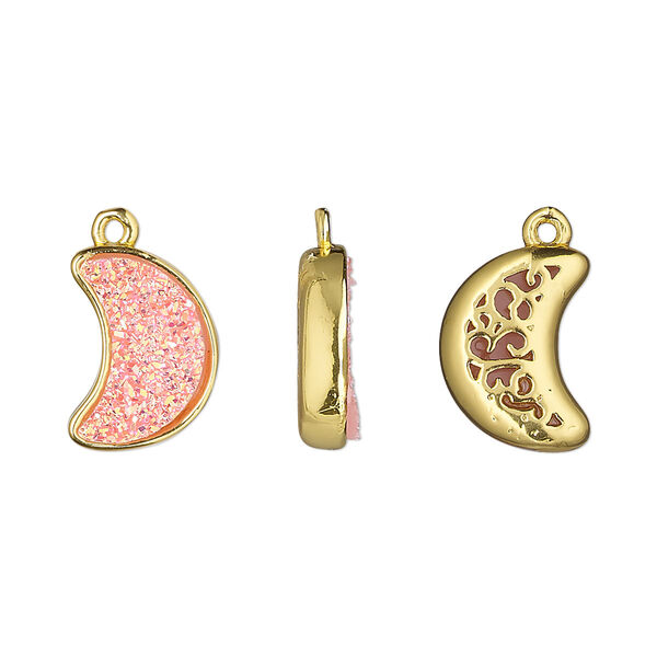 Drop, Druzylite™, "druzy" (resin) and gold-finished brass, pink, 14x10mm two-sided moon with open filigree back. Sold per pkg of 4. image number 0
