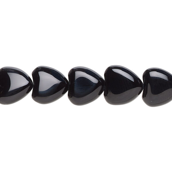 Bead, black onyx (dyed), 10x10mm flat heart, B grade, Mohs hardness 6-1/2 to 7. Sold per 15-1/2" to 16" strand. image number 0