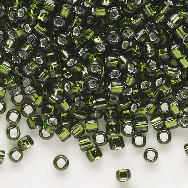 Seed bead, Dyna-Mites™, glass, silver-lined translucent olive green, #6 round with square hole. Sold per 1/2 kilogram pkg. image number 0