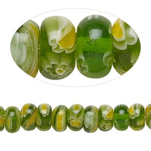 Bead, millefiori glass, translucent green / white / yellow, 8x5mm rondelle with 0.6-0.8mm hole. Sold per 15-inch strand.
