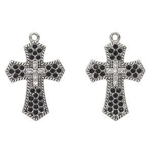 Drop, antique silver-finished "pewter" (zinc-based alloy) and glass, clear and black, 29x22mm cross. Sold per pkg of 2.