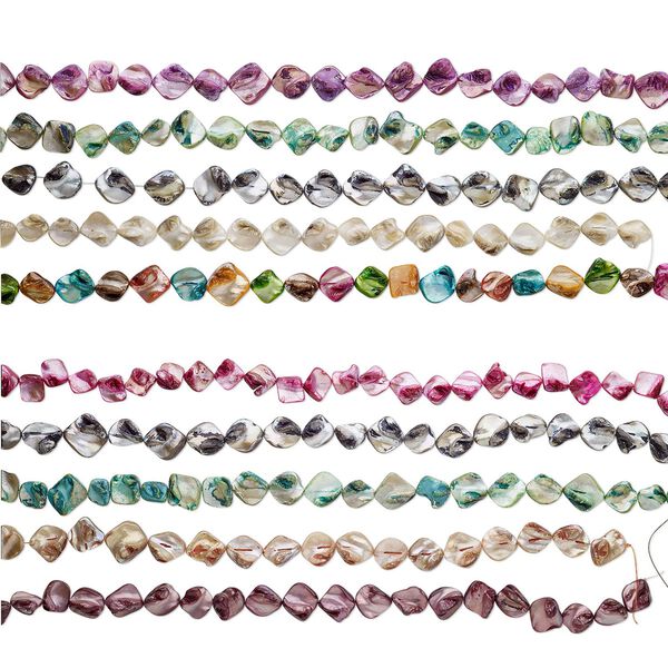 Bead mix, mother-of-pearl shell (natural / bleached / dyed), mixed colors, medium to large diagonally drilled nugget, Mohs hardness 3-1/2. Sold per pkg of (5) 14- to 16-inch strands. image number 0