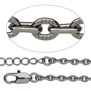Chain 1pkg2 gunmetal-plated cable, 3mm textured / lobster claw clasp, brass 7.5 inch
