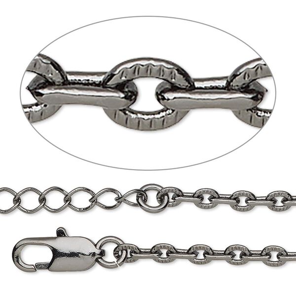 Chain, gunmetal-plated brass, 3mm textured cable, 7-1/2 inches with 1 to 3 inches extender chain and lobster claw clasp. Sold per pkg of 2. image number 0