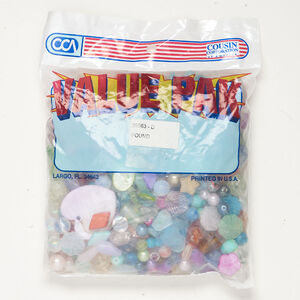 Bead and drop mix 1pkg1, gold- and silver-finished brass / multi-glass / mother-of-pearl shell (dyed), 3x2mm-34x32mm mixed shapes, 1-pound bag.