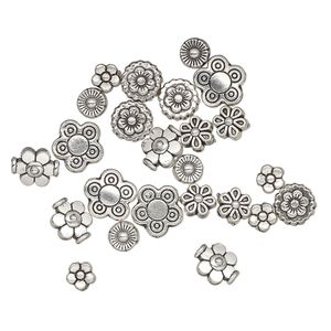 Bead, antique silver-plated "pewter" (zinc-based alloy), 5x5mm-10x10mm assorted flower. Sold per pkg of 24.