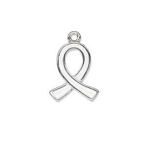 Charm, silver-plated "pewter" (zinc-based alloy) and enamel, white, 18x15mm single-sided awareness ribbon. Sold individually.