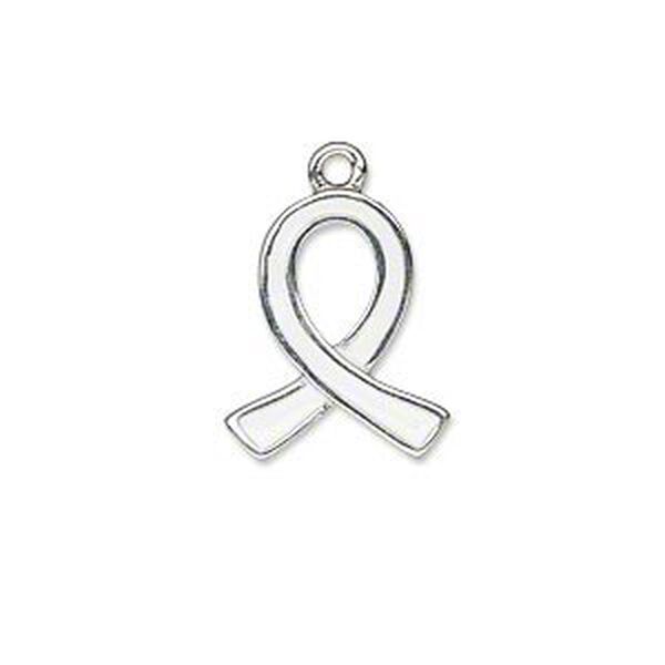 Charm, silver-plated "pewter" (zinc-based alloy) and enamel, white, 18x15mm single-sided awareness ribbon. Sold individually. image number 0