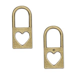 Charm, antique brass-plated "pewter" (zinc-based alloy), 25x12mm two-sided padlock with heart cutout. Sold per pkg of 10.