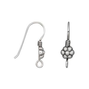 Ear wire fishhook 1pkg2 sterling silver, 23mm / beaded flower / 16mm shank / open loop, 21 gauge antiqued 1 pair