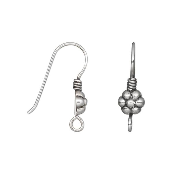 Ear wire fishhook 1pkg2 sterling silver, 23mm / beaded flower / 16mm shank / open loop, 21 gauge antiqued 1 pair image number 0