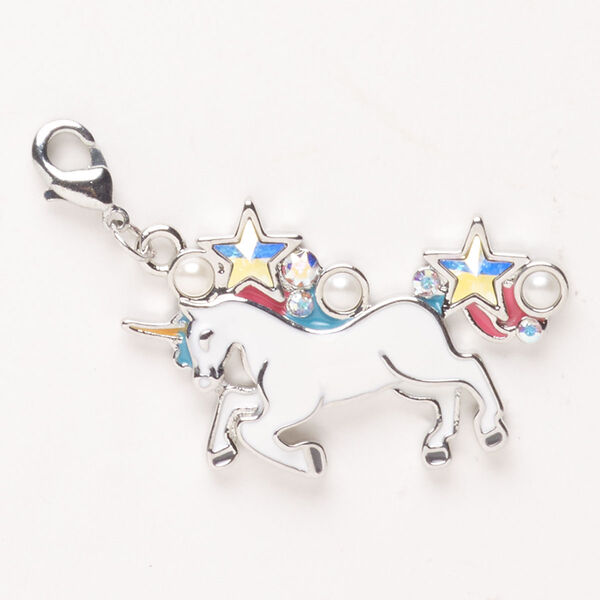 Charm, "pewter" (zinc-based alloy) / enamel / glass pearl, pkg/1, silver finish  and multicolored, 30x26mm unicorn with lobster claw clasp. image number 0