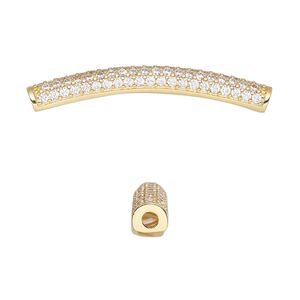 Bead, cubic zirconia and gold-finished brass, clear, 36x4.5mm curved tube. Sold individually.