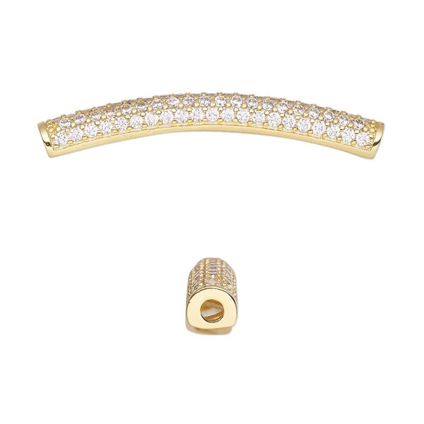 Bead, cubic zirconia and gold-finished brass, clear, 36x4.5mm curved tube. Sold individually. image number 0