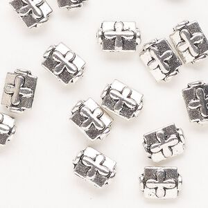 Bead, antique silver-finished "pewter" (zinc-based alloy), 10x7mm beveled rectangle with cross design. Sold per pkg of 20.