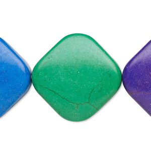 Bead, coated ceramic, multicolored, 25x25mm-26x26mm rounded flat diamond. Sold per 8-inch strand.