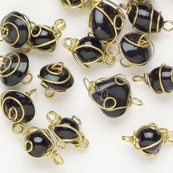 Link stainless steel / glass 1pkg30 10x6mm-14x13mm wire-wrapped mixed shapes, gold finish / opaque black image number 0