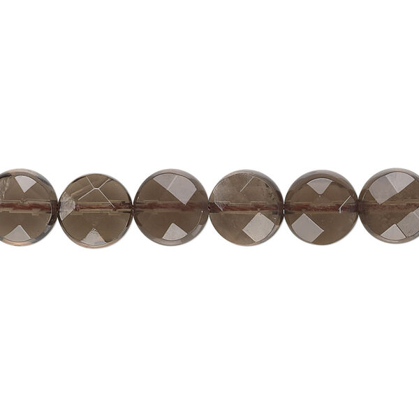 Bead, smoky quartz (heated / irradiated), light to medium, 8mm faceted flat round, B grade, Mohs hardness 7. Sold per 15-1/2" to 16" strand. image number 0