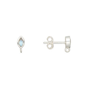 Ear stud 1pkg2, sterling silver / labradorite (natural), 6x3.5mm marquise / closed loop / earnuts, 1 pair