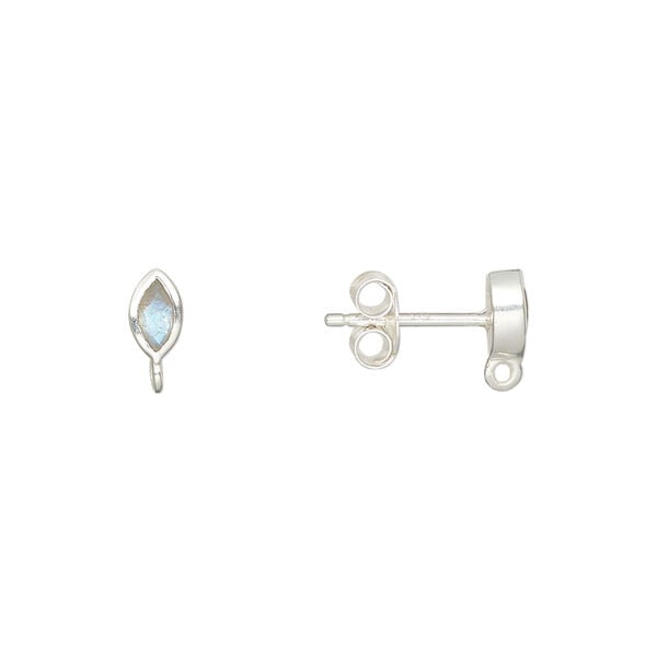 Ear stud 1pkg2 sterling silver / labradorite (natural), 6x3.5mm marquise / closed loop / earnuts, 1 pair image number 0