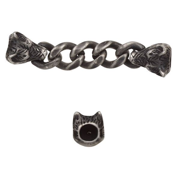 Focal, stainless steel, black, 51x9.5mm with 12.5x10mm wolf and 8.6mm curb chain with 2 glue-in cord ends, 3.5mm inside diameter. Sold individually. image number 0