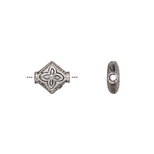 Bead, antiqued "pewter" (zinc-based alloy), 10x9mm patterned flat diamond. Sold per pkg of 24. image number 0