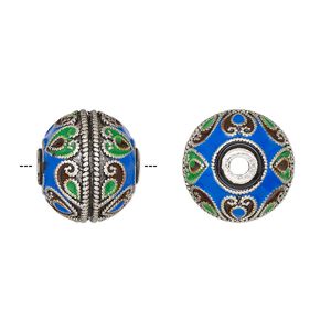 Bead, silver-finished brass and enamel, multicolored, 18.5x17mm rondelle with heart design. Sold individually.