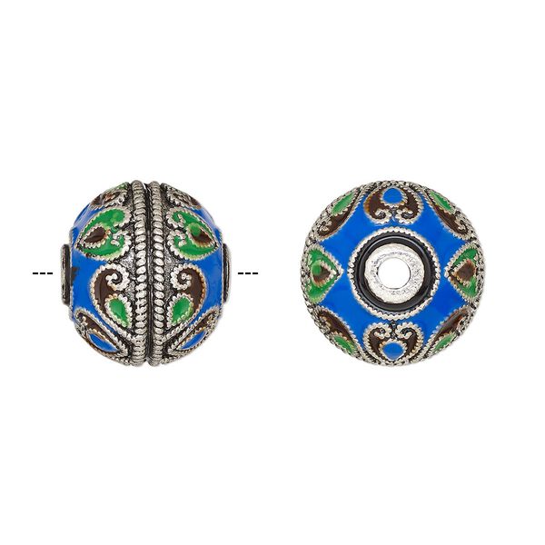 Bead, silver-finished brass and enamel, multicolored, 18.5x17mm rondelle with heart design. Sold individually. image number 0