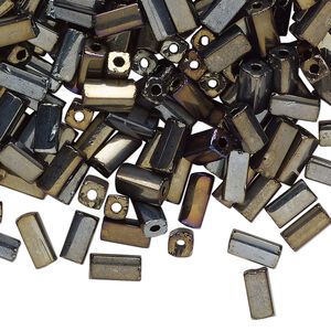 Bugle bead, glass, opaque brown iris black, 7x3mm square tube. Sold per 50-gram pkg, approximately 800 beads.