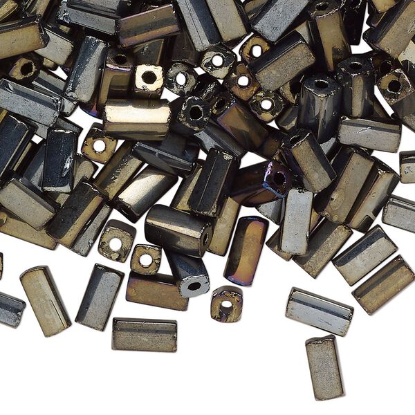 Bugle bead, glass, opaque brown iris black, 7x3mm square tube. Sold per 50-gram pkg, approximately 800 beads. image number 0