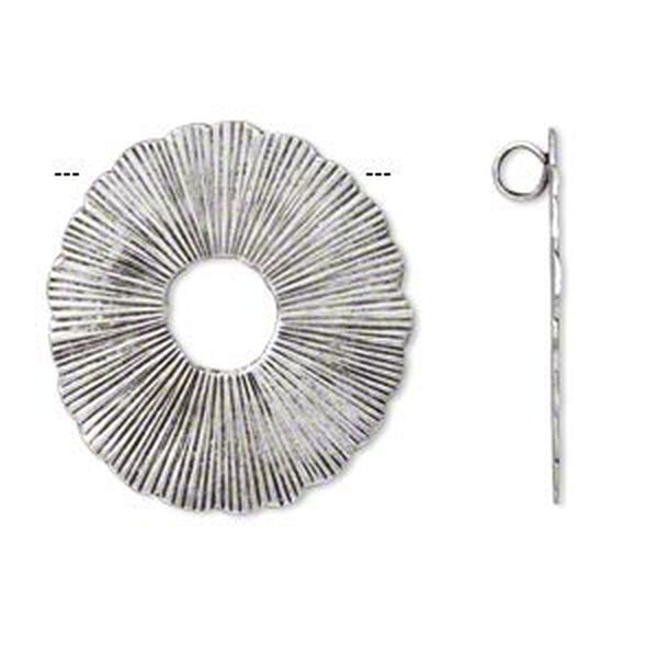 Focal, Hill Tribes, antiqued silver-plated brass, 50mm single-sided textured round donut with scalloped edges and hidden bail. Sold individually. image number 0