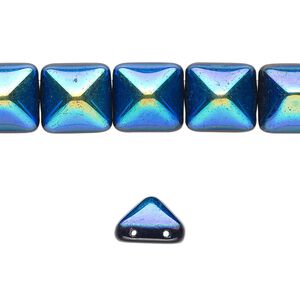 Spacer, Preciosa, Czech pressed glass, jet AB, 11x11x7.5mm 2-strand pyramid, fits up to 5.5mm bead. Sold per 8-inch strand, approximately 15 spacers.