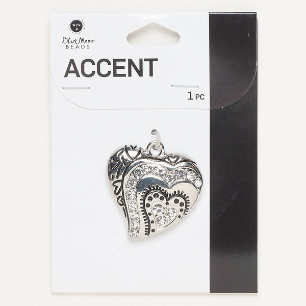 Focal, silver-finished brass / glass / enamel, clear and black, 33x30mm single-sided heart. Sold individually. image number 0